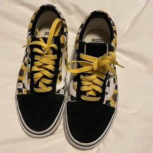 custom checkered sunflower old skool vans, womens size 9